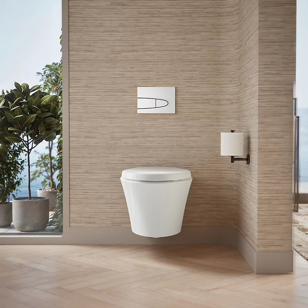 Toilette VEIL allongée et compacte, au mur, à chasse double